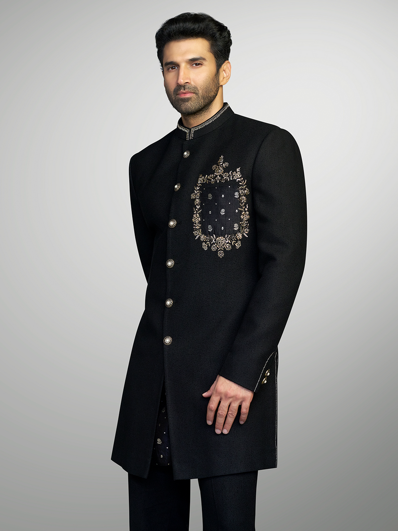 Black Embroidered Matka Silk Sherwani Set – Aditya Roy Kapur Collection