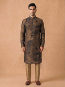 Olive Brown Kurta Set for Men in Silk with Printed Design & Aligarhi Bottom