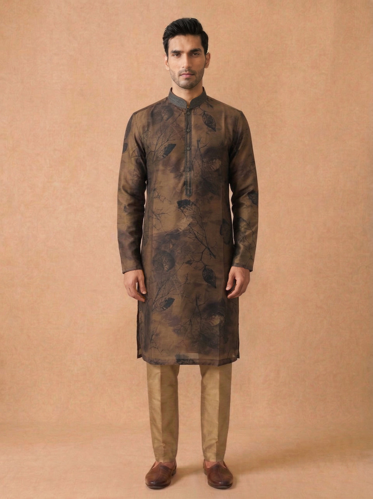 Olive Brown Kurta Set for Men in Silk with Printed Design & Aligarhi Bottom - KORANM