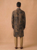 Olive Brown Kurta Set for Men in Silk with Printed Design & Aligarhi Bottom