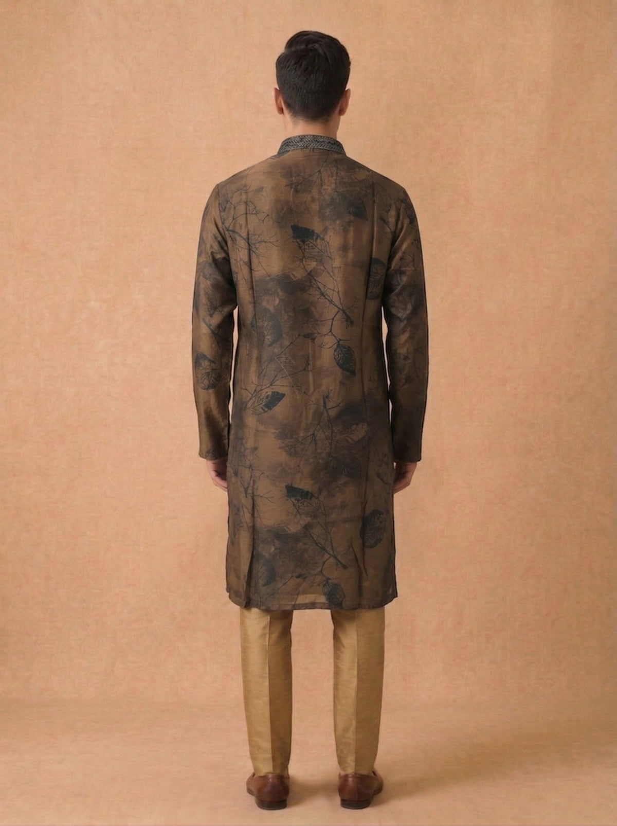 Olive Brown Kurta Set for Men in Silk with Printed Design & Aligarhi Bottom - KORANM
