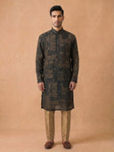 Olive Green Multi Silk Kurta Set for Men with Printed Pattern & Antique Gold Aligarhi Bottom