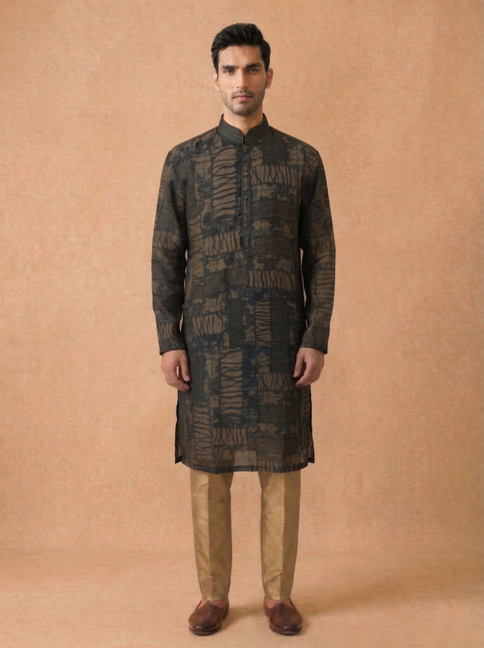 Olive Green Multi Silk Kurta Set for Men with Printed Pattern & Antique Gold Aligarhi Bottom - KORANM