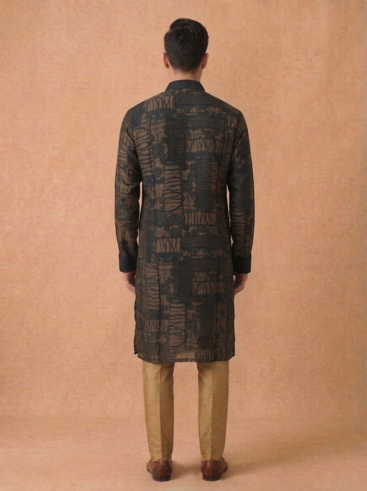 Olive Green Multi Silk Kurta Set for Men with Printed Pattern & Antique Gold Aligarhi Bottom - KORANM