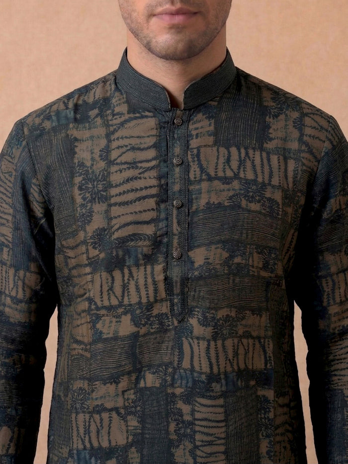 Olive Green Multi Silk Kurta Set for Men with Printed Pattern & Antique Gold Aligarhi Bottom - KORANM