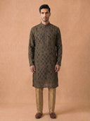 Olive Green Silk Kurta Set for Men with Printed Pattern & Aligarhi Bottom