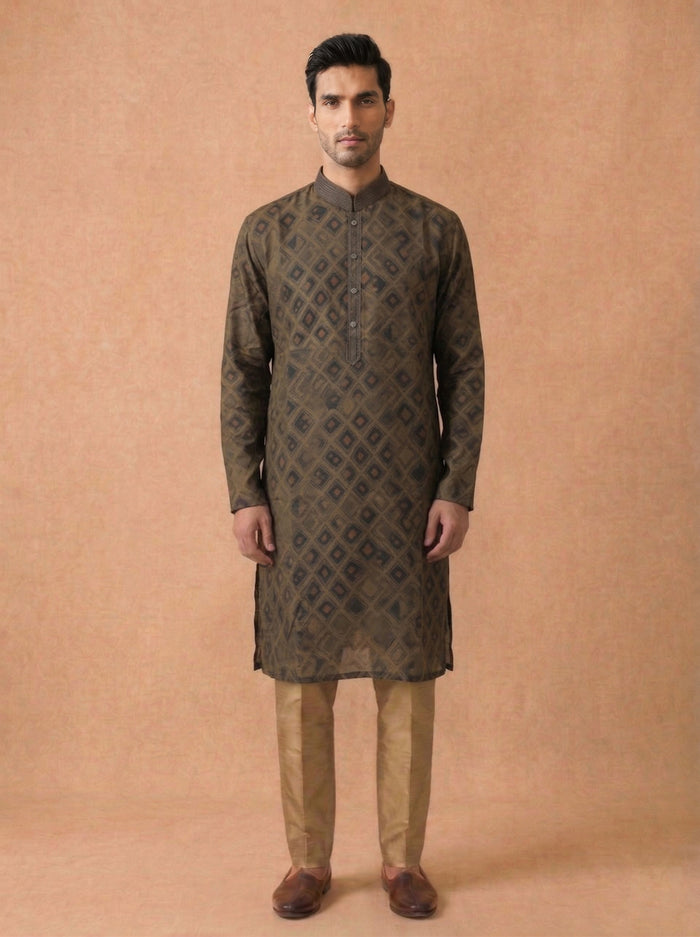 Olive Green Silk Kurta Set for Men with Printed Pattern & Aligarhi Bottom - KORANM