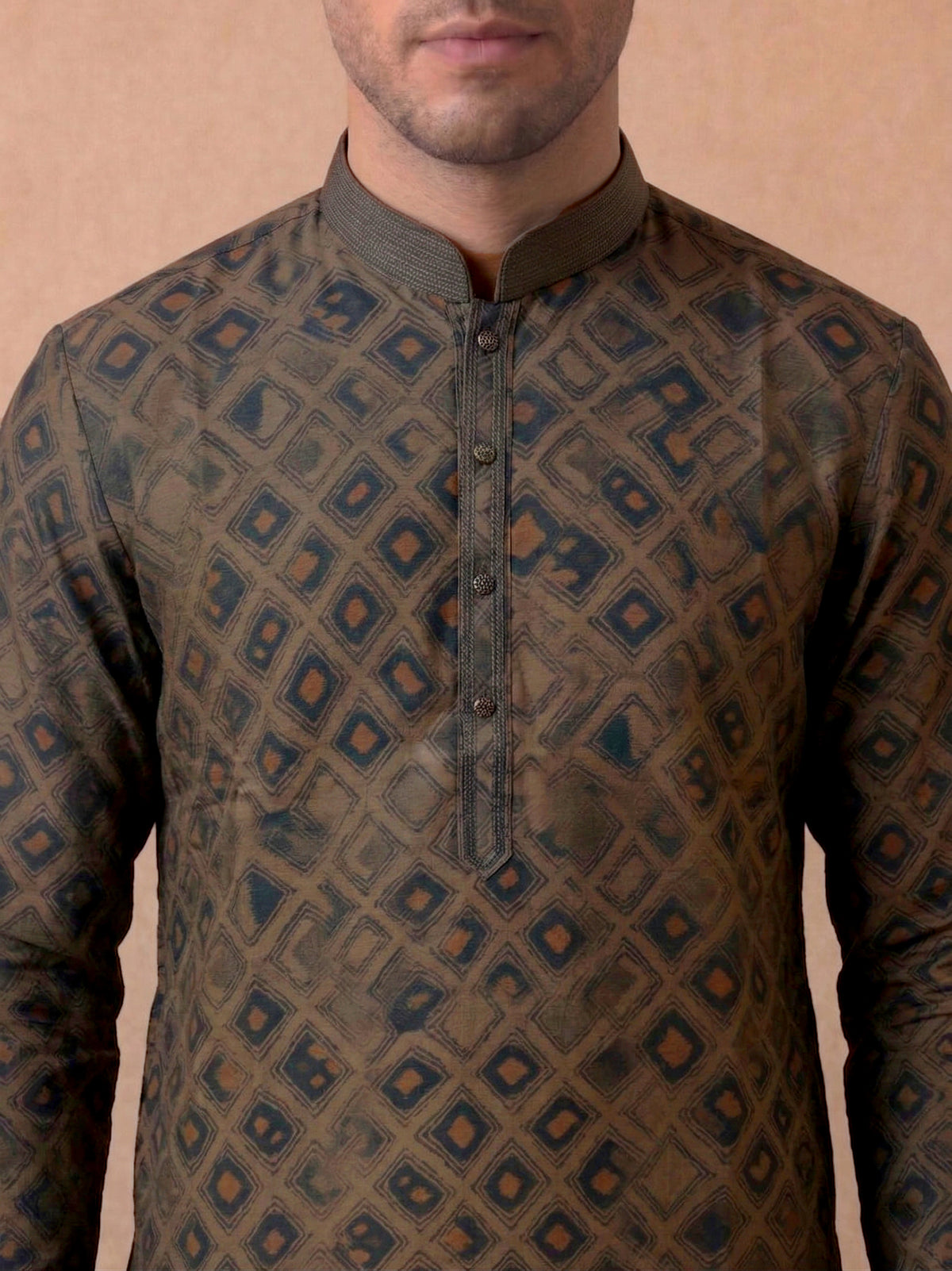 Olive Green Silk Kurta Set for Men with Printed Pattern & Aligarhi Bottom - KORANM