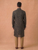 Olive Green Silk Kurta Set for Men with Printed Pattern & Aligarhi Bottom - KORANM