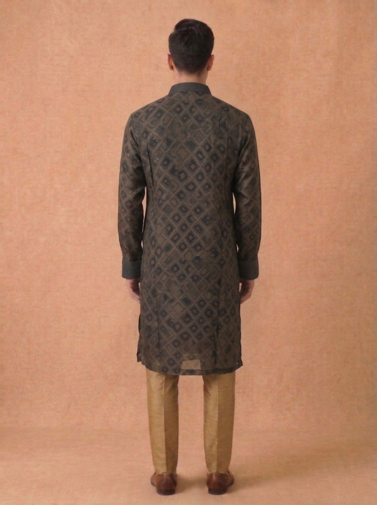 Olive Green Silk Kurta Set for Men with Printed Pattern & Aligarhi Bottom - KORANM