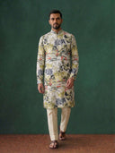 Cream Silk Kurta Set with Aligarhi for Men – Floral Embroidered Ethnic Wear - KORANM