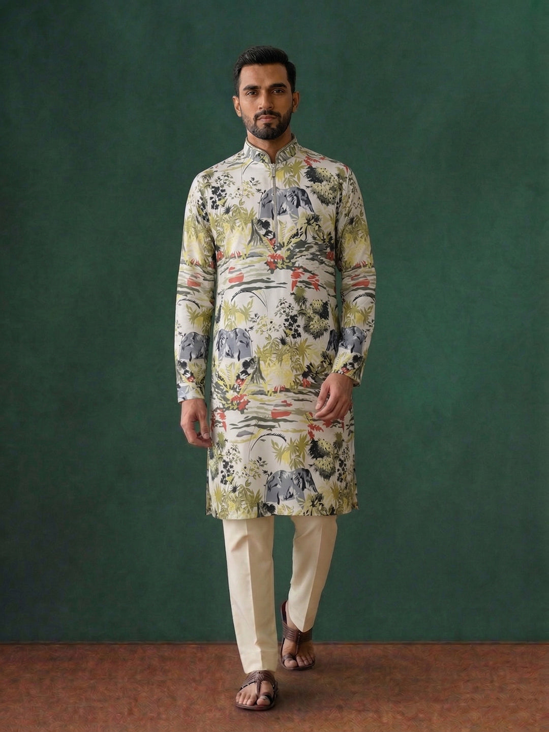 Cream Silk Kurta Set with Aligarhi for Men – Floral Embroidered Ethnic Wear - KORANM
