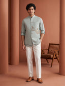 Pista Green Linen Animal & Landscape Embroidered Bandi Shirt