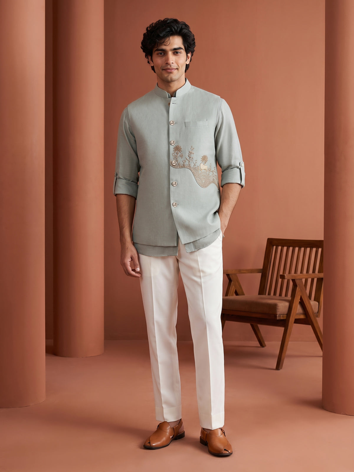 Pista Green Linen Animal & Landscape Embroidered Bandi Shirt