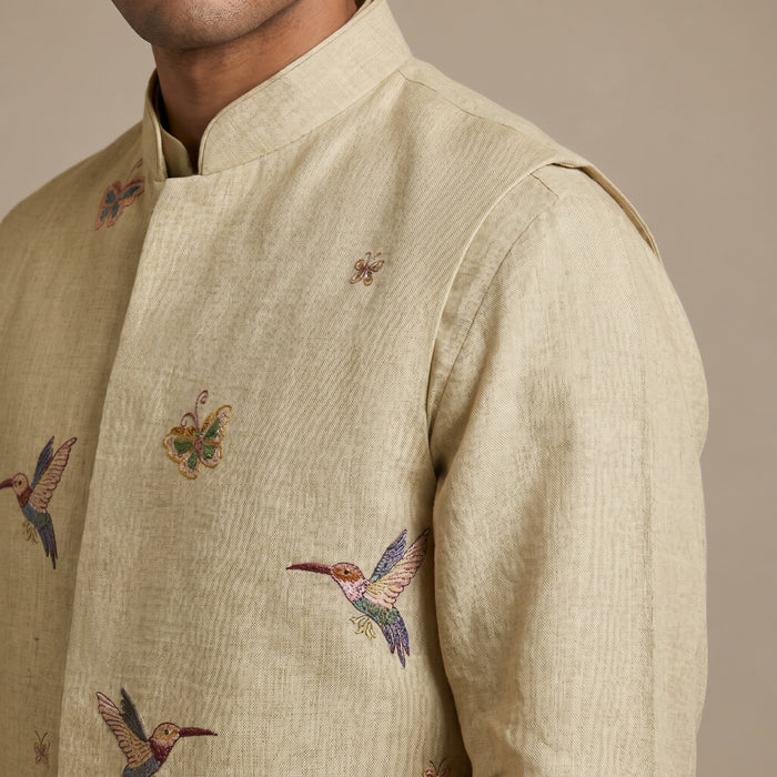 Natural Linen Bandi Shirt with Floral Design Embroidery - KORANM