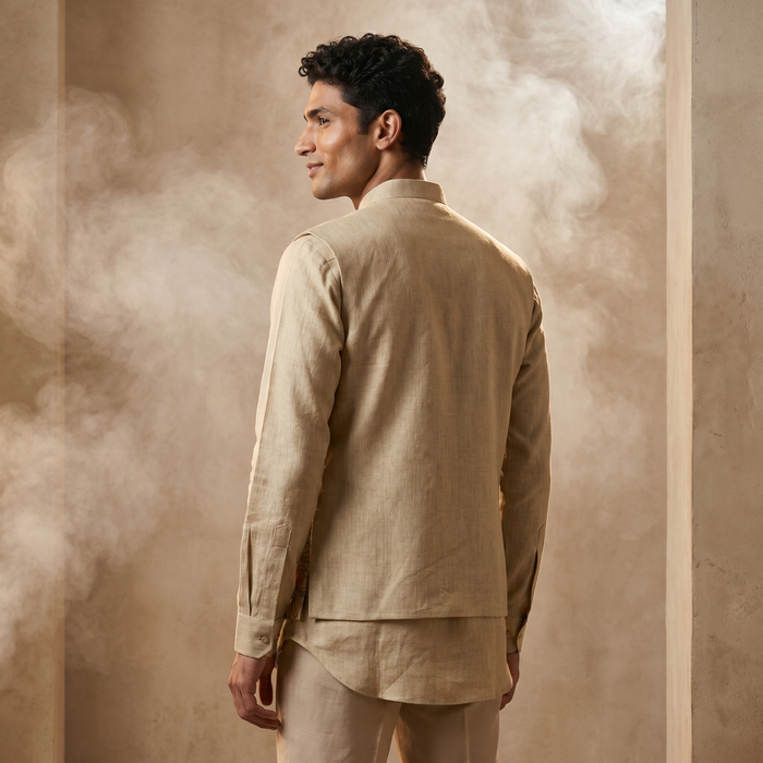Natural Linen Bandi Shirt with Floral Design Embroidery - KORANM