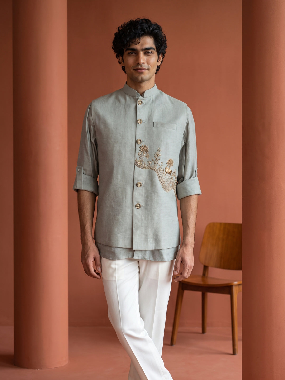 Pista Green Linen Animal & Landscape Embroidered Bandi Shirt