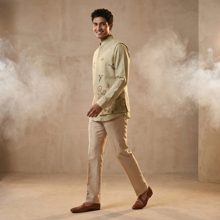 Natural Linen Bandi Shirt with Floral Design Embroidery - KORANM