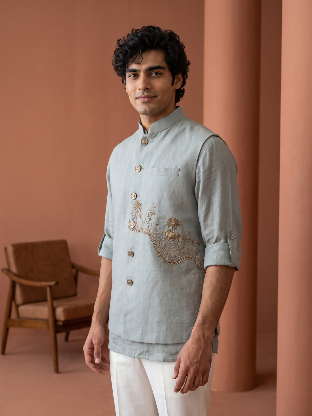 Pista Green Linen Animal & Landscape Embroidered Bandi Shirt