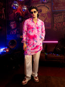 Pink Printed & Mirror Work Kurta Set with Off White palazzo Pant | Men's Festive Wear - KORANM