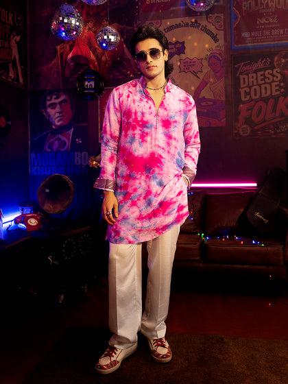 Pink Printed & Mirror Work Kurta Set with Off White palazzo Pant for Men | Men's Festive Wear