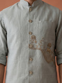 Pista Green Linen Animal & Landscape Embroidered Bandi Shirt