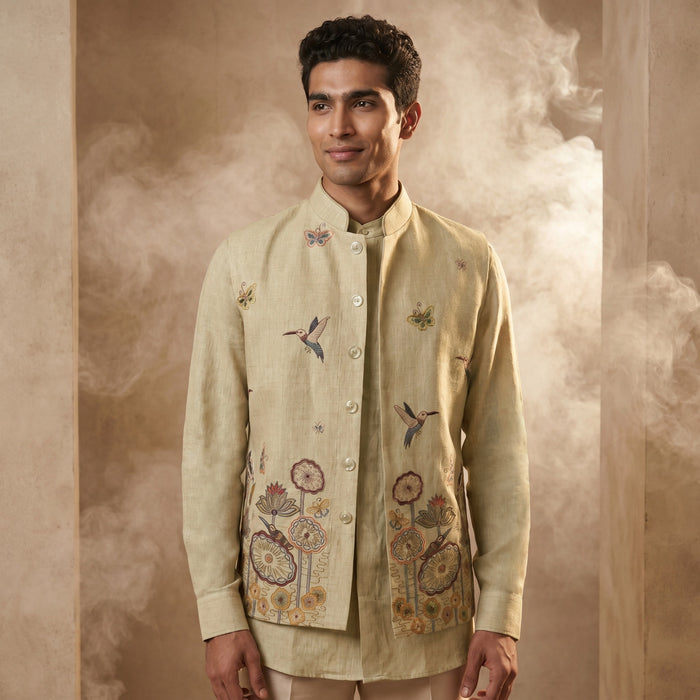 Natural Linen Bandi Shirt with Floral Design Embroidery - KORANM
