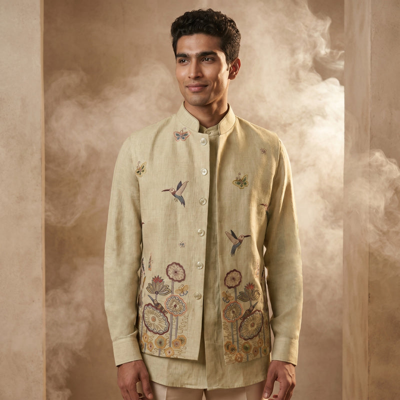 Natural Linen Bandi Shirt with Floral Design Embroidery - KORANM