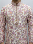 Pink Silk Kurta Set with Cream Aligarhi for Men – Floral Ethnic Wear - KORANM