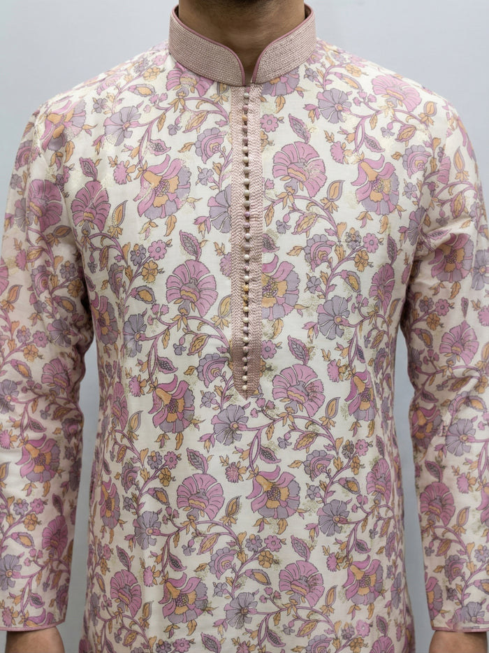 Pink Silk Kurta Set with Cream Aligarhi for Men – Floral Ethnic Wear - KORANM