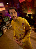 Mustard Satin Linen Embroidered Kurta Set with Off White Palazzo Pant | Men's Festive Wear