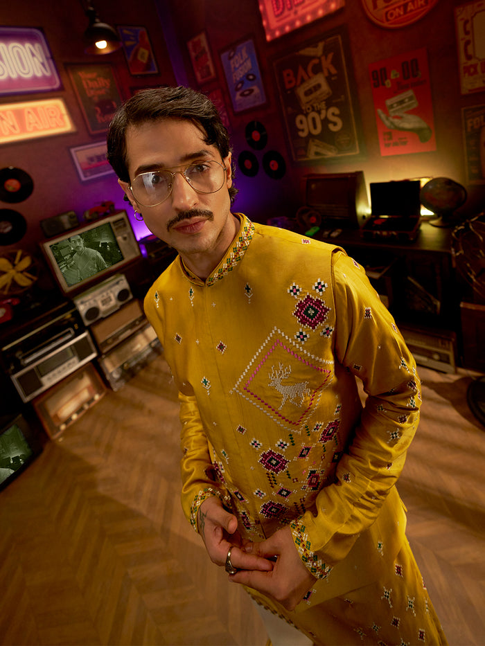 Mustard Satin Linen Embroidered Kurta Set with Off White Palazzo Pant | Men's Festive Wear