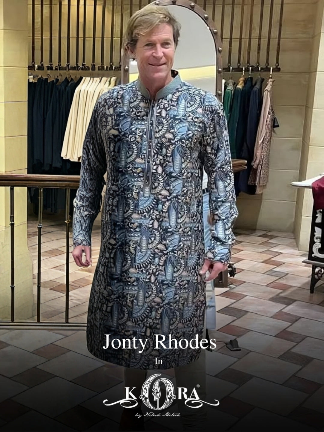 Cricketer Jonty Rhodes brings effortless charm in our teal blue muslin digital silk kurta with embroidery and print. - KORANM