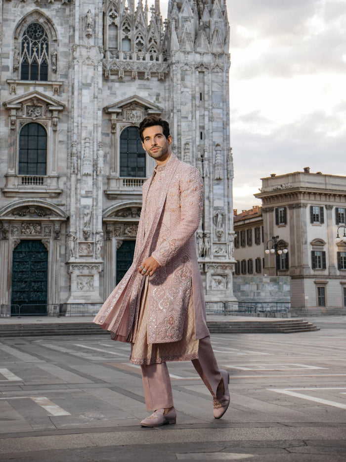 Premium Dusty Mauve Raw Silk Sherwani Set - KORANM