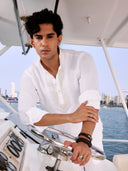 White Embroidered Linen Short Kurta for Men
