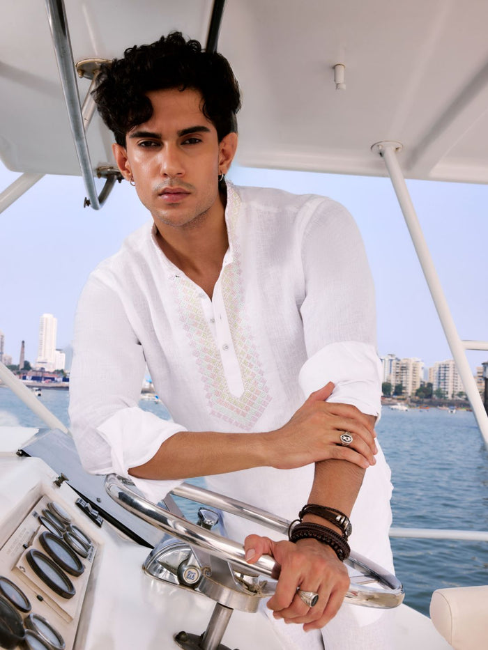 White Embroidered Linen Short Kurta for Men - KORANM