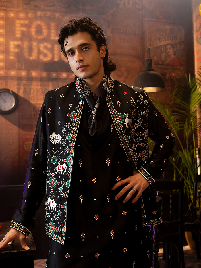 Black Satin Linen Geometric Bandi Jacket Set with Resham Work