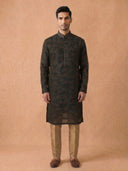 Blue Multi Silk Kurta Set for Men with Kalamkari Print & Antique Gold Aligarhi Bottom