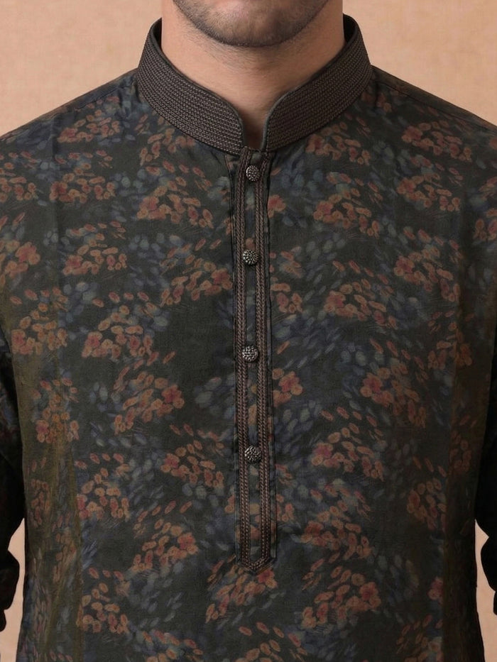 Blue Multi Silk Kurta Set for Men with Kalamkari Print & Antique Gold Aligarhi Bottom - KORANM