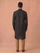 Blue Multi Silk Kurta Set for Men with Kalamkari Print & Antique Gold Aligarhi Bottom