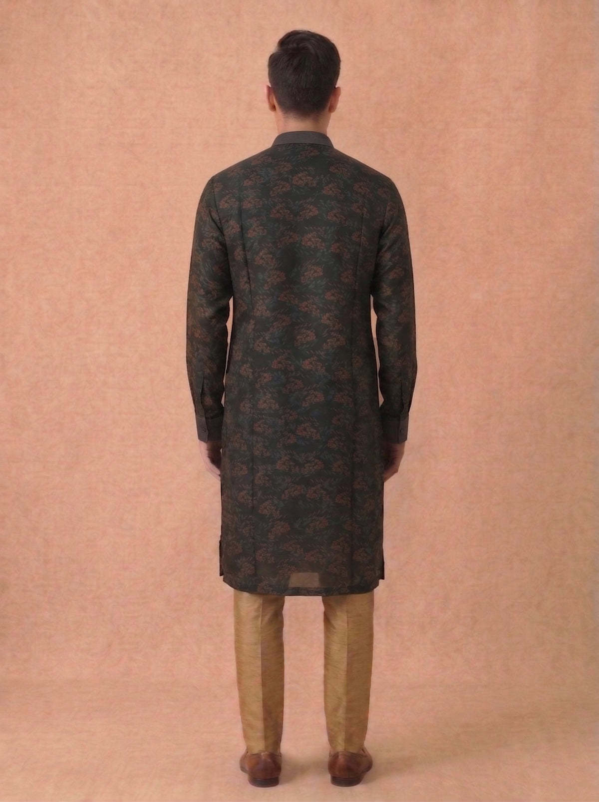 Blue Multi Silk Kurta Set for Men with Kalamkari Print & Antique Gold Aligarhi Bottom - KORANM