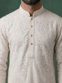 Pink Silk Kurta Set with White Aligarhi for Men – Resham Work Ethnic Wear - KORANM