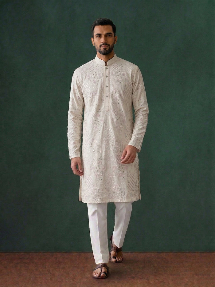 Pink Silk Kurta Set with White Aligarhi for Men – Resham Work Ethnic Wear - KORANM