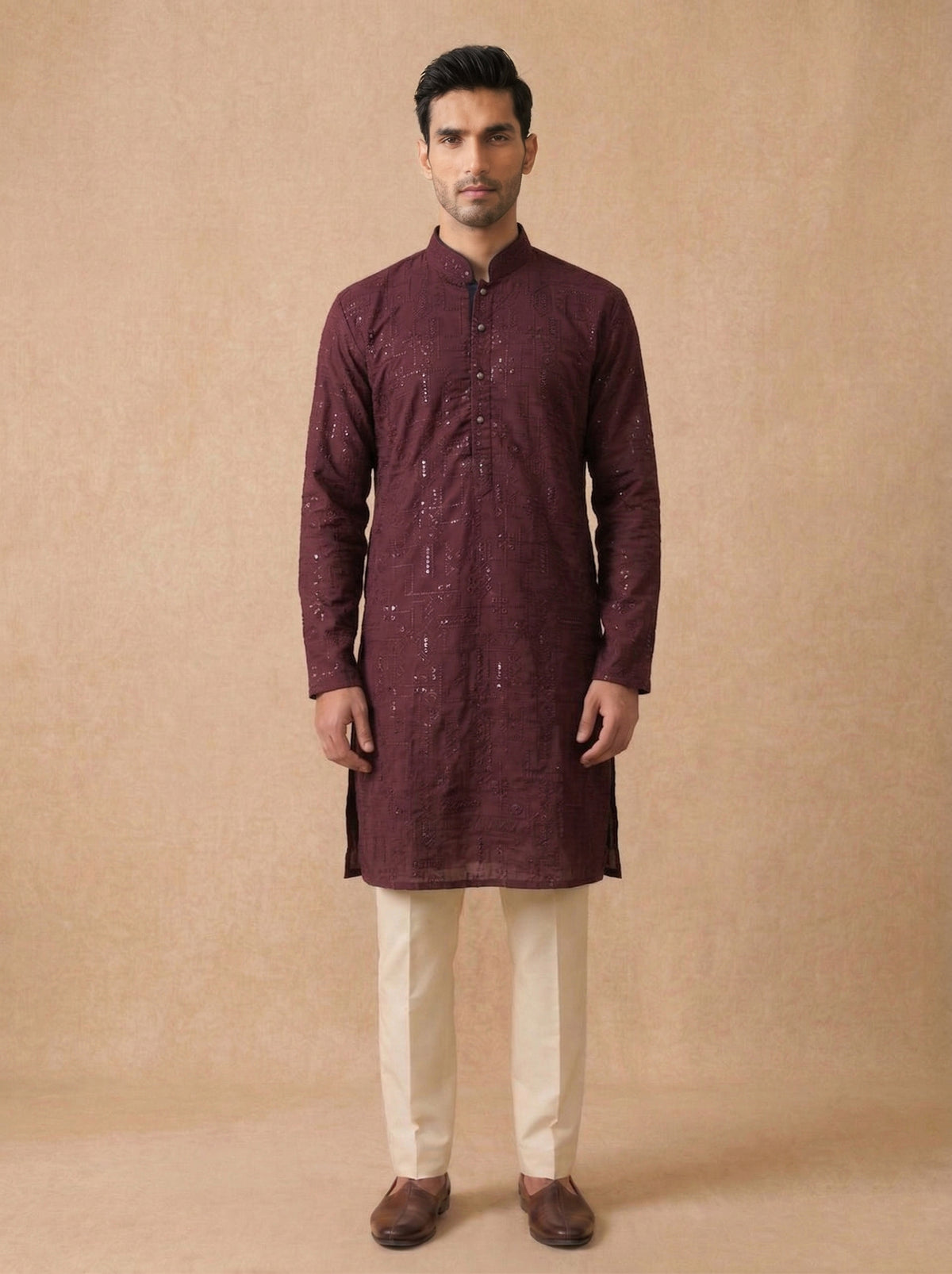 Wine Silk Kurta Set for Men with Embroidery and Cream Aligarhi Bottom - KORANM