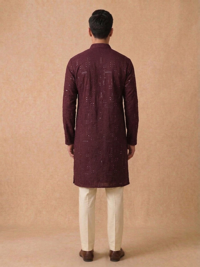 Wine Silk Kurta Set for Men with Embroidery and Cream Aligarhi Bottom - KORANM