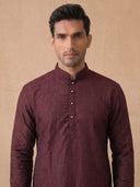 Wine Silk Kurta Set for Men with Embroidery and Cream Aligarhi Bottom