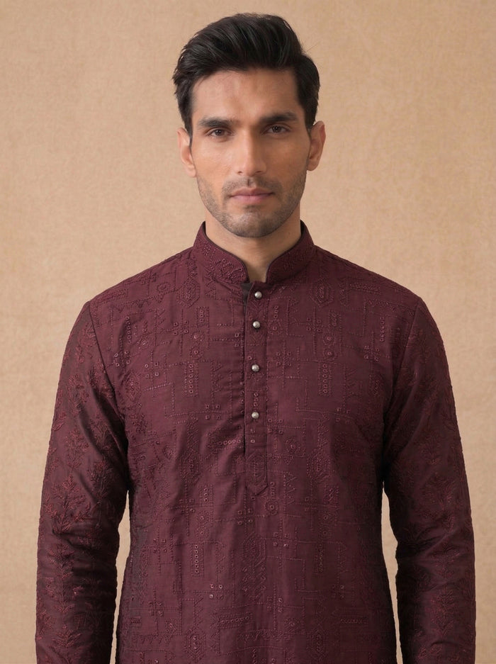 Wine Silk Kurta Set for Men with Embroidery and Cream Aligarhi Bottom - KORANM