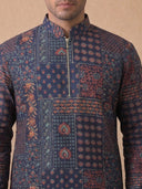 Indigo Silk Kurta Set for Men with Kalamkari Print and Cream Aligarhi Bottom
