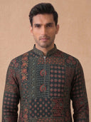 Black Silk Kurta Set for Men with Kalamkari Print and Cream Aligarhi Bottom