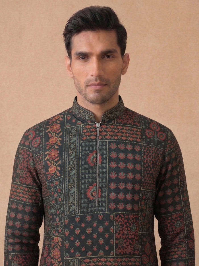 Black Silk Kurta Set for Men with Kalamkari Print and Cream Aligarhi Bottom - KORANM